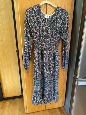 Knox Rose Teal Floral Smocked Waist Long Sleeve Dress